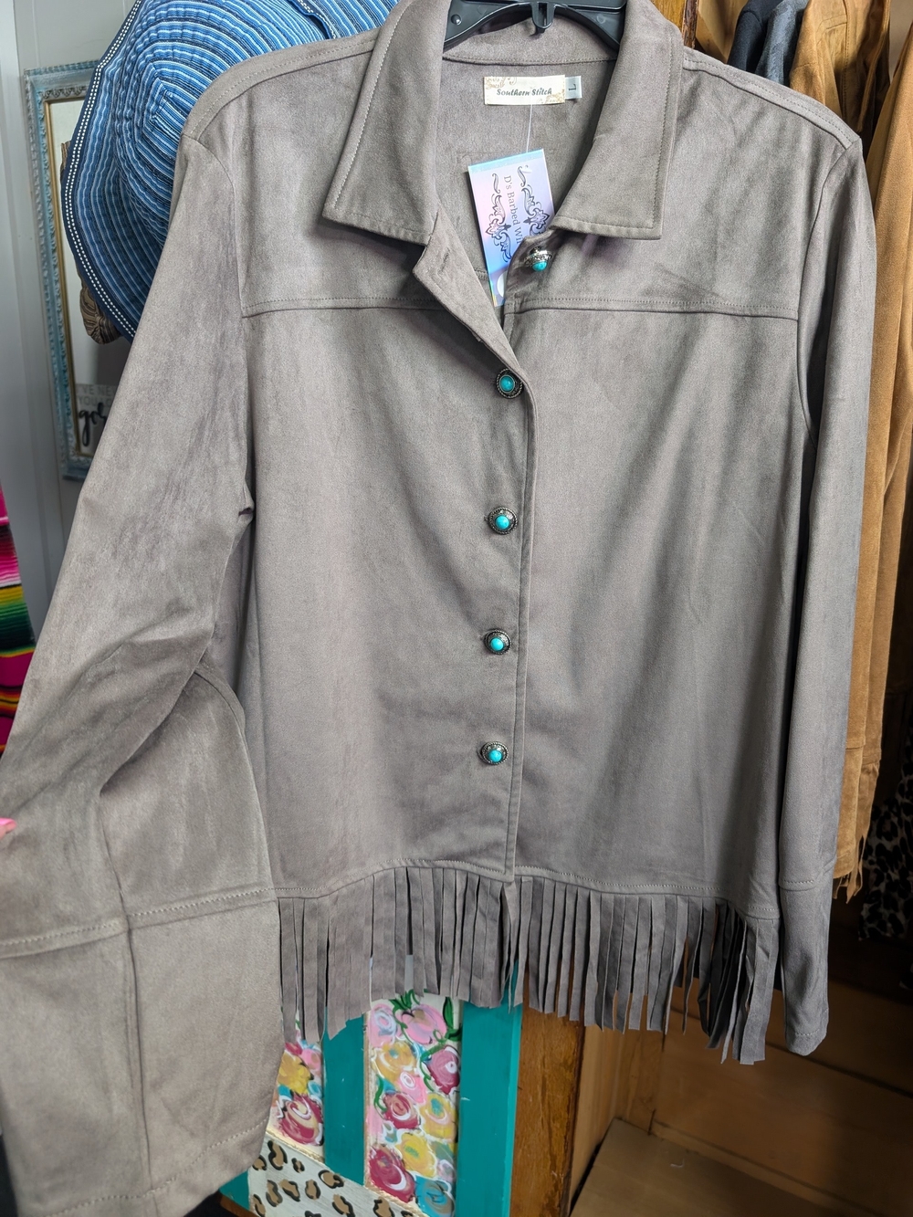 Fringed Gray Soft Suede Button-Front Jacket with Turquoise Accents